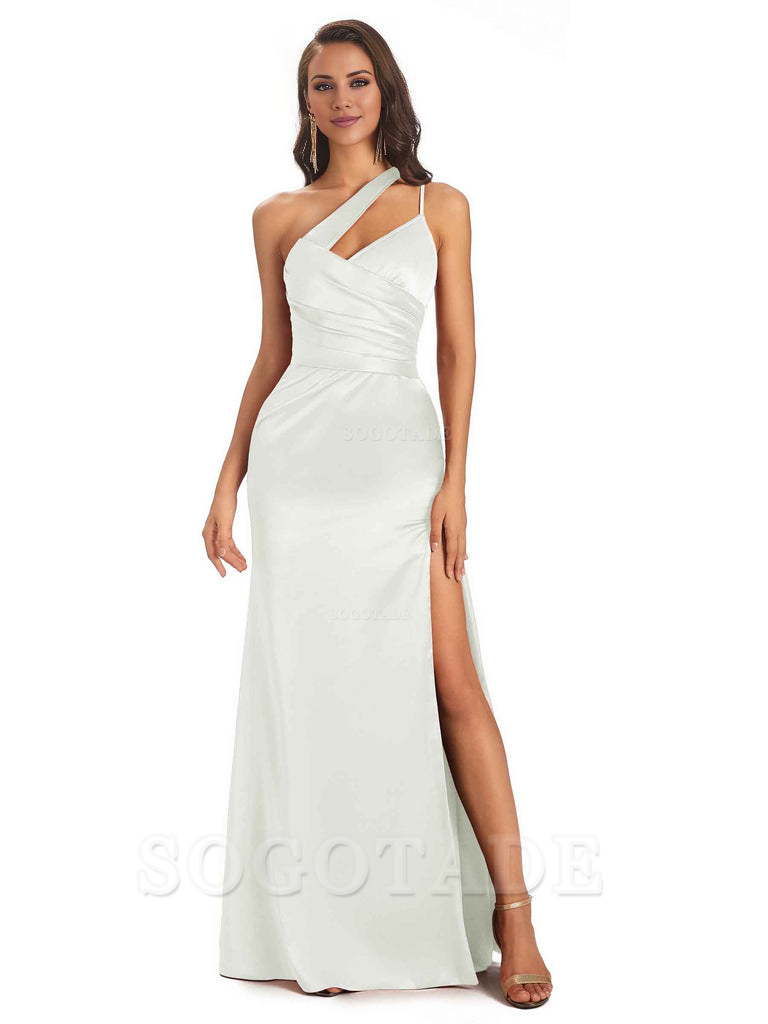 Elegant Soft Satin Side Slit One Shoulder Floor-Length Maxi Bridesmaid Dresses Evening Party Dress