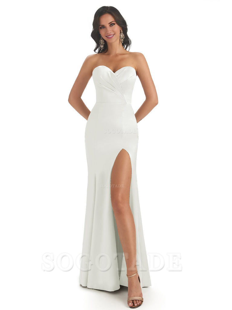 Simple Soft Satin Side Slit Sweetheart Long Mermaid Bridesmaid Dresses Elegant Evening Party Dress