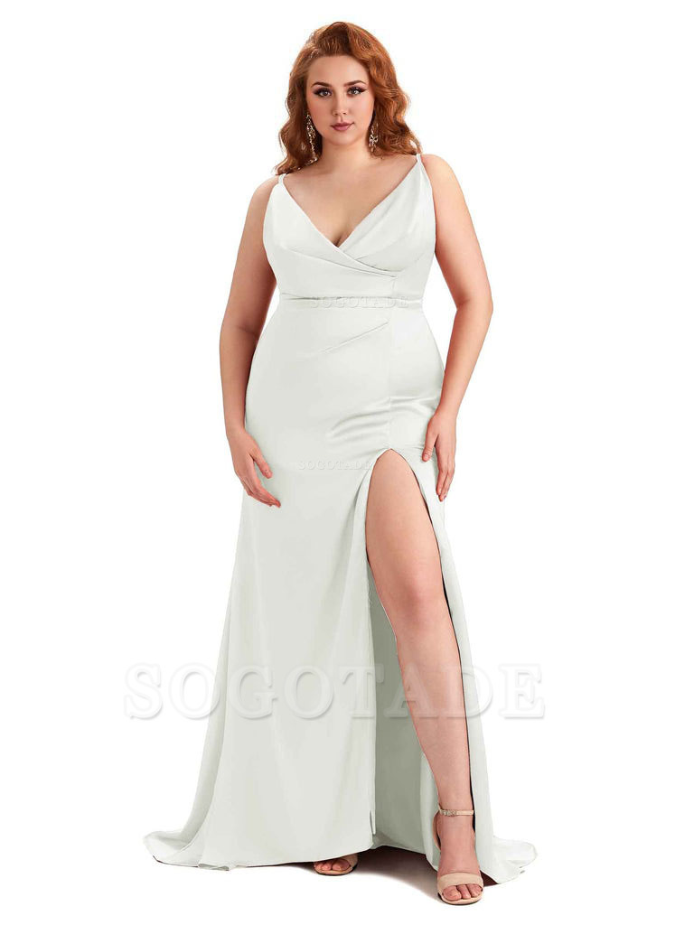 Sexy Side Slit Spaghetti Straps Mermaid Soft Satin Fashion Bridesmaid Dresses