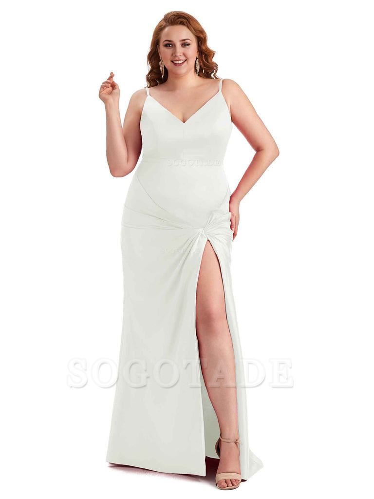 Sexy Spaghetti Straps V-neck Side Slit Mermaid Soft Satin Long Plus Size Bridesmaid Dress