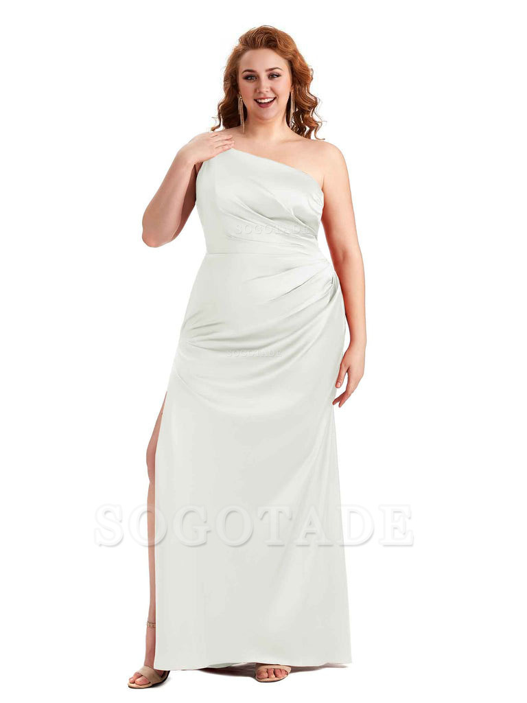 Sexy Side Slit One Shoulder Mermaid Soft Satin Long Plus Size Maid of Honour Dresses