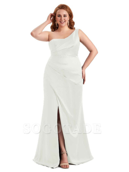 Sexy Side Slit One Shoulder Mermaid Long Plus Size Satin Maxi Dresses
