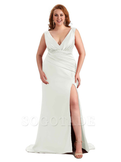 Elegant V-neck Side Slit Mermaid Soft Satin Long Plus Size Bridesmaid Dress For Wedding