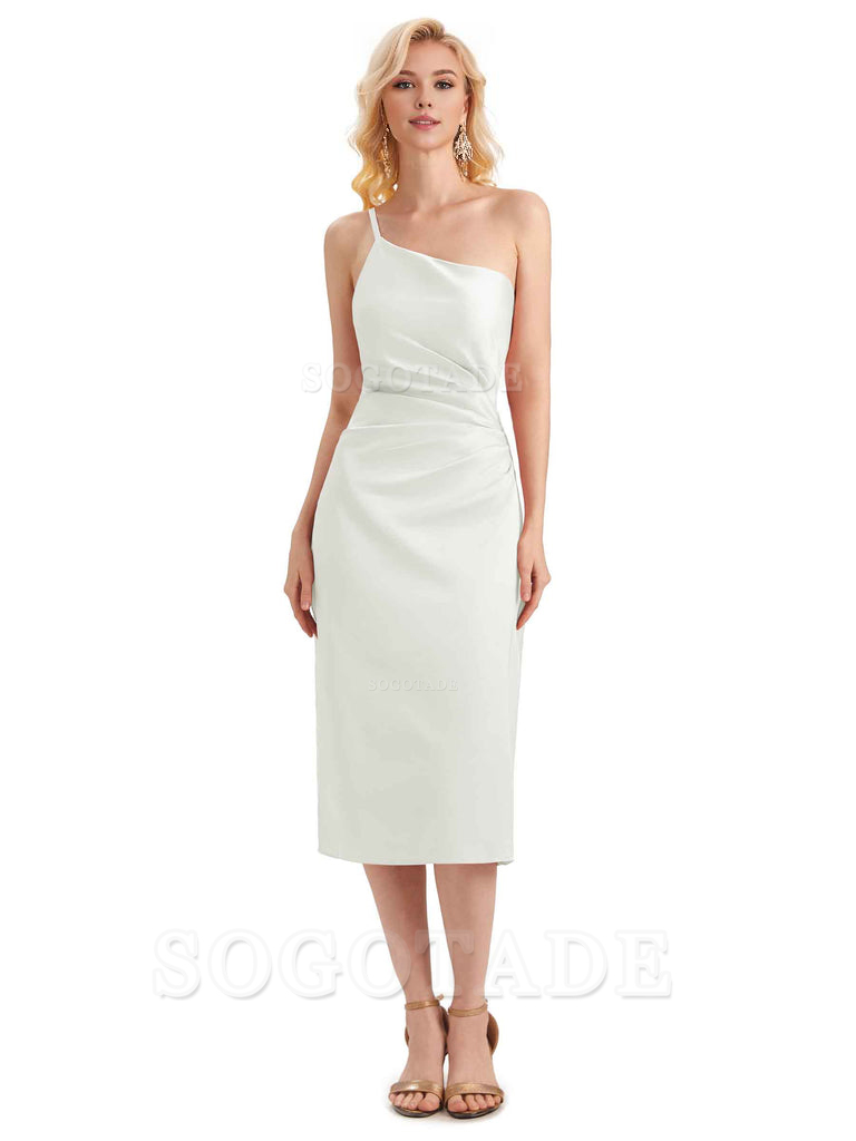 Sexy Soft Satin Side Slit One Shoulder Satin Midi Bridesmaid Dresses Online