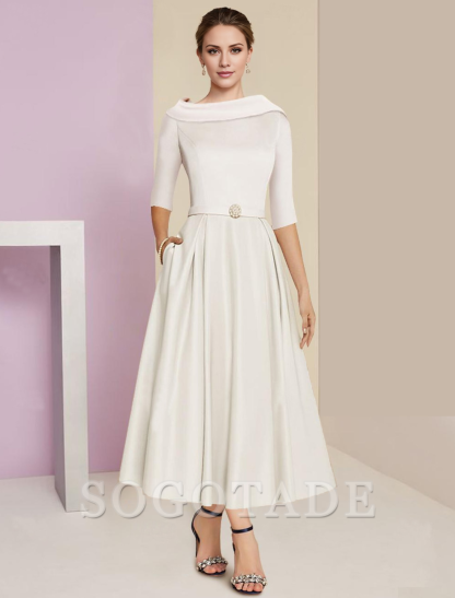 A-Line Mother of the Bride Dress Wedding Guest Elegant Vintage Jewel Neck Tea Length Charmeuse Half Sleeve with Pleats Crystals