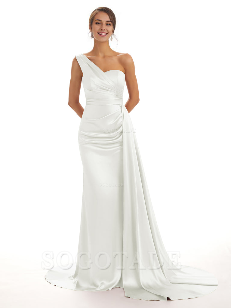 Elegant One Shoulder Soft Satin Unique Mermaid Long Bridesmaid Dresses Online prom dresses shops