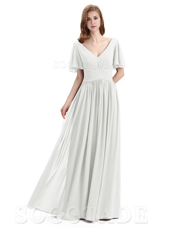 A-Line Chiffon Short Sleeves Elegant Floor-Length Bridesmaid Dresses Formal Women's Dresses Wedding Guests Dresses