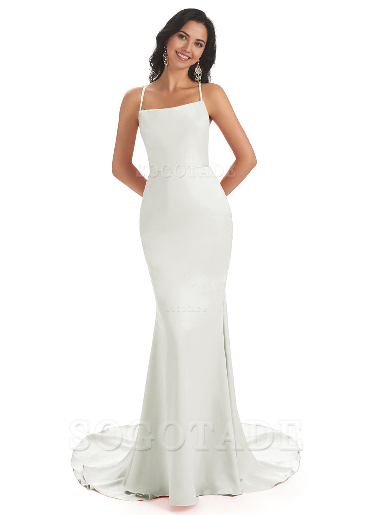 Mermaid Spaghetti Backless Straps Satin Long formal dresses evening gown Bridesmaid Dresses