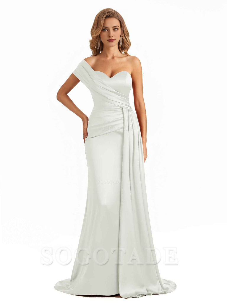 Elegant One Shoulder Soft Satin Long Mermaid Bridesmaid Dresses Online prom shop dresses ﻿