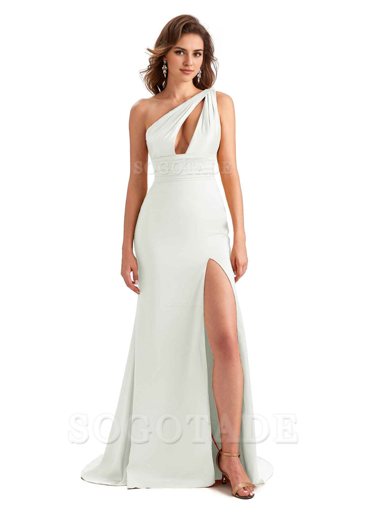 Charming Sexy Unique Side Slit Mermaid Silky One Shoulder Long Bridesmaid Dresses Formal Women's Dresses Wedding Guests Dresses