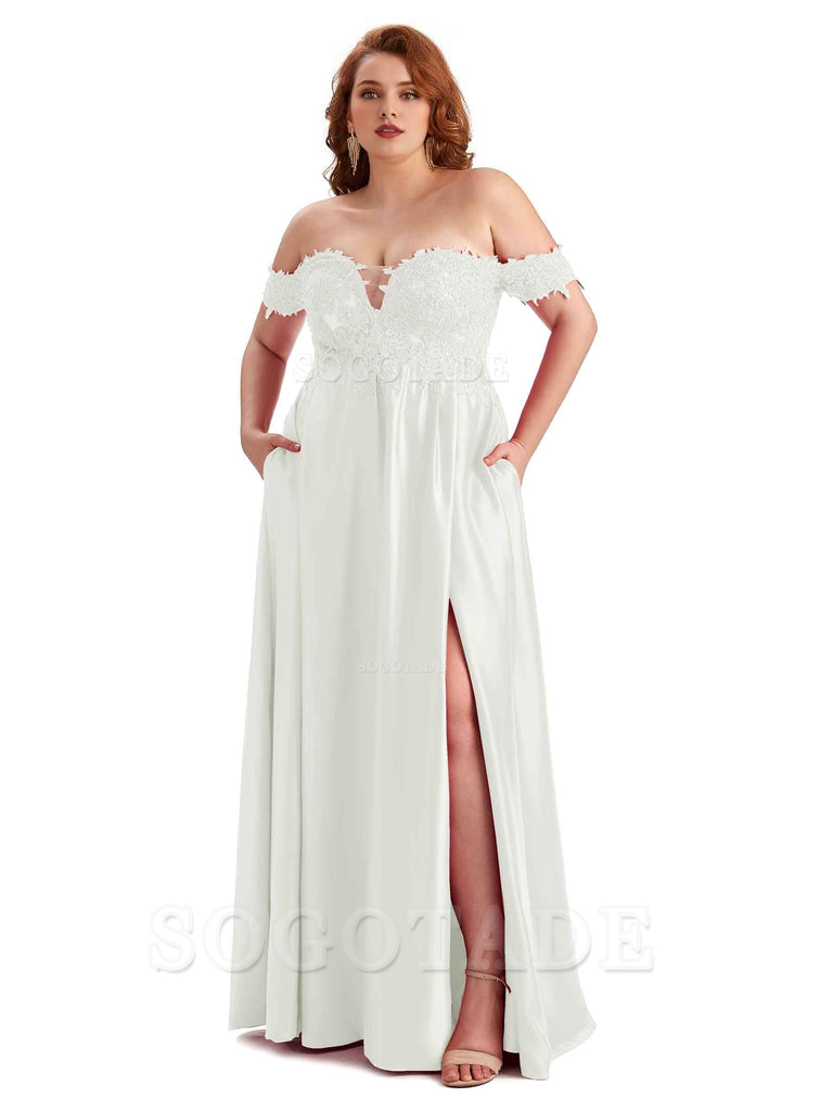 Off Shoulder Side Slit Lace Soft Satin Long Plus Size Bridesmaid Dresses For Wedding