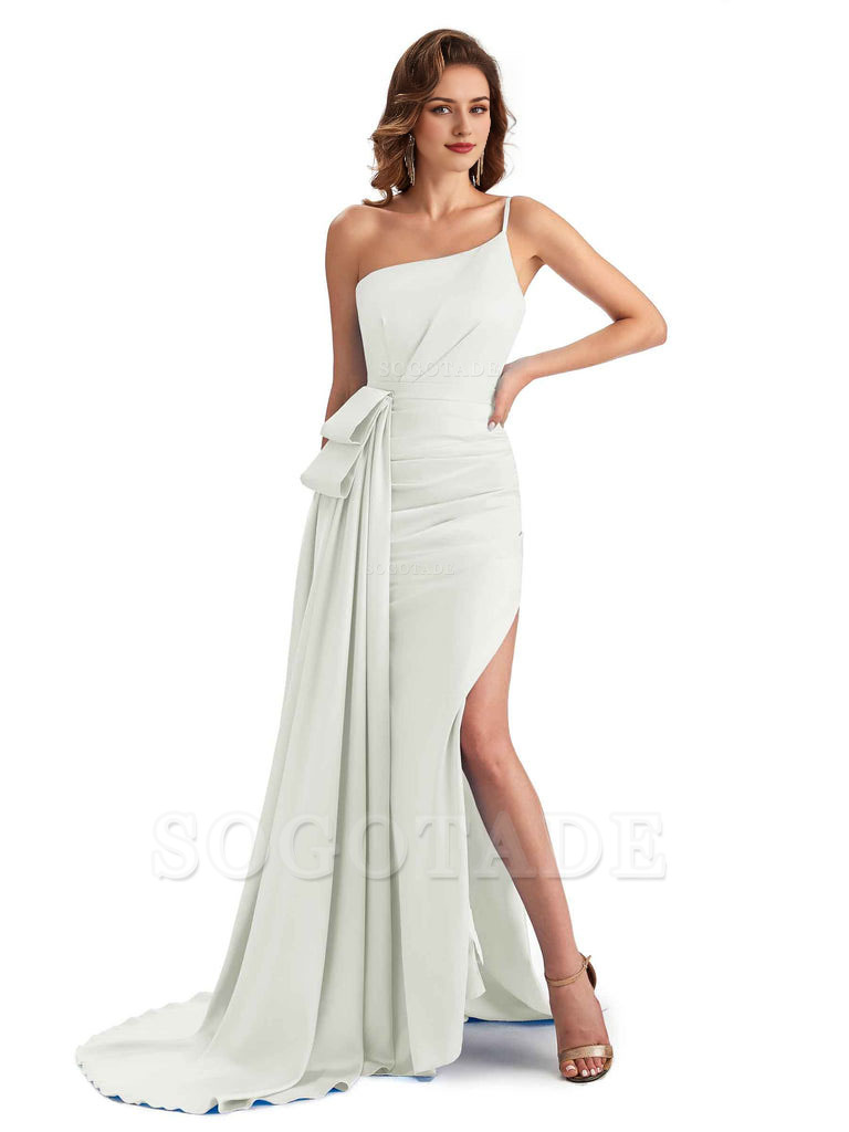 Sexy Side Slit Mermaid Silky Satin One Shoulder Modern Maxi Bridesmaid Dresses
