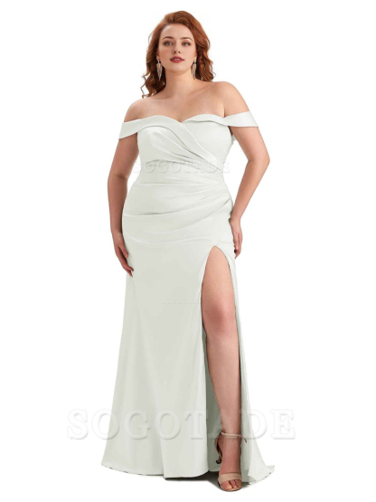 Sexy Side Slit Off Shoulder Mermaid Soft Satin Long Plus Size Bridesmaid Gowns For Wedding