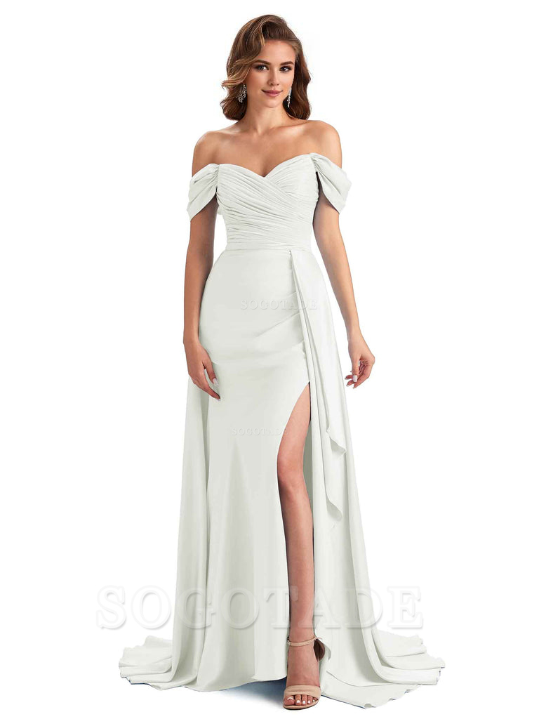 Sexy Side Slit Mermaid Soft Satin Off The Shoulder Long Unique Bridesmaid Dresses prom dress in store