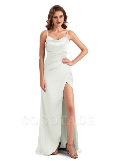 Soft Satin Side Slit Spaghetti Straps Sexy Wedding Bridesmaid Dresses
