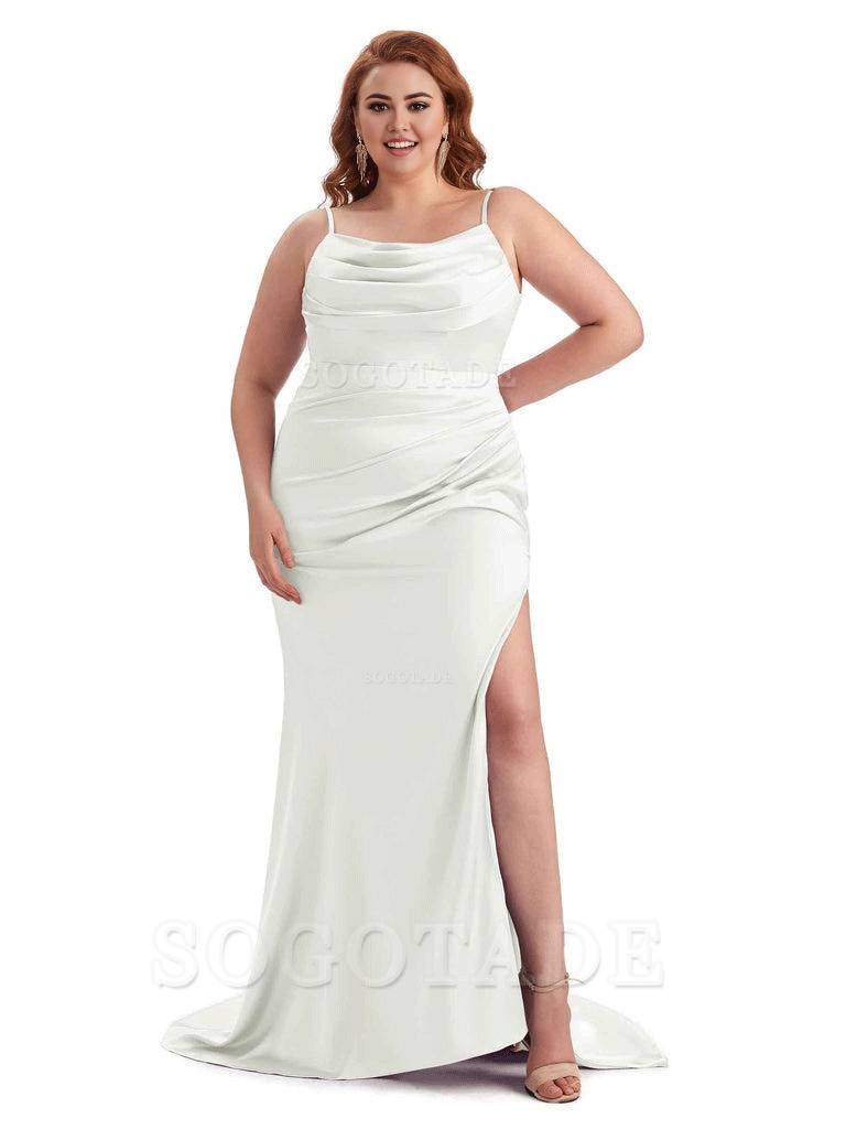 Sexy Jewel Side Slit Mermaid Soft Satin Long Plus Size Bridesmaid Dress For Wedding