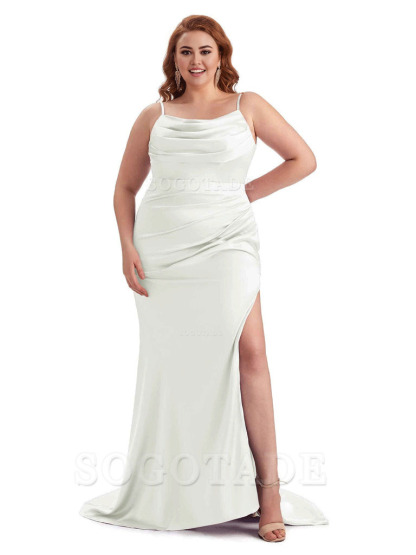 Sexy Jewel Side Slit Mermaid Soft Satin Long Plus Size Bridesmaid Dress For Wedding