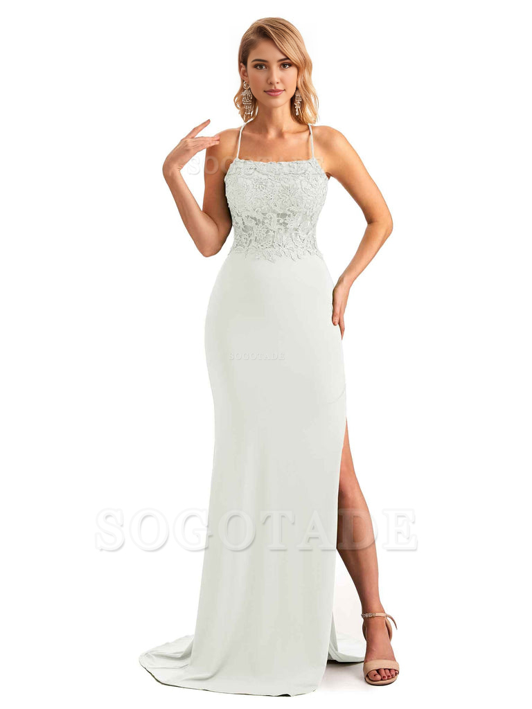 Sexy Side Slit Spaghetti Straps Open Back Mermaid Lace Applique Long Formal Bridesmaid Dresses