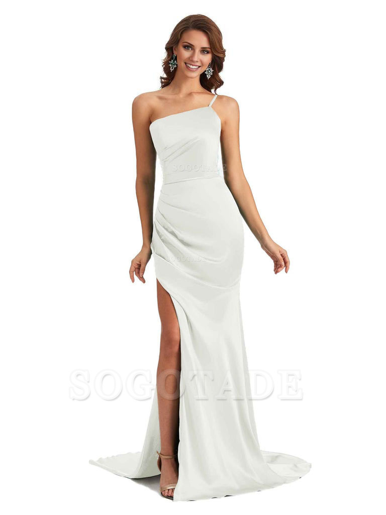 Sexy Silky Satin Side Slit One Shoulder Unique Long Wedding Guest Maxi Dresses