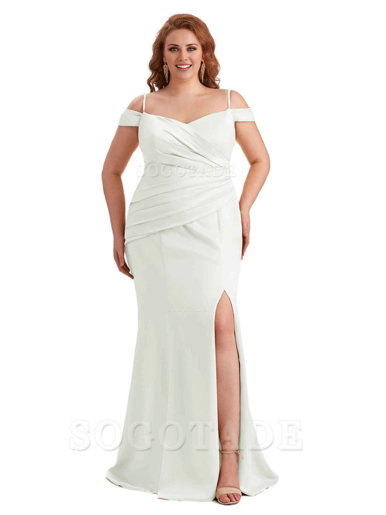 Elegant Cold Shoulder Side Slit Mermaid Soft Satin Long Plus Size Bridesmaid Gowns