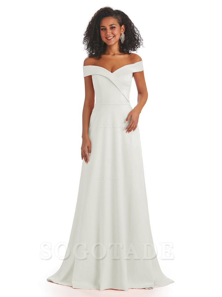 Soft Satin Off The Shoulder Long A-Line African Bridesmaid Dresses prom dress stores ﻿