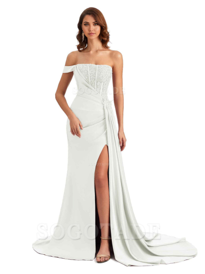 Mermaid Off Shoulder Applique formal dresses evening gown Bridesmaid Dresses With Side Slit 