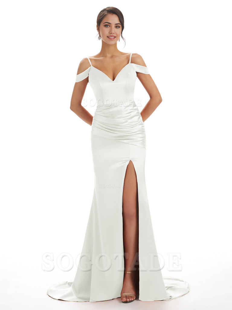 Mermaid Off The Shoulder Satin formal dresses evening gown Bridesmaid Dresses With Side Slit 