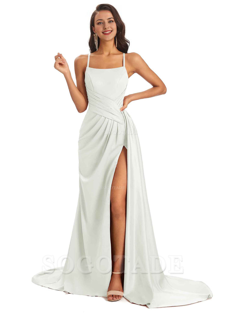 Sexy Soft Satin Side Slit Spaghetti Straps Long Maxi Bridesmaid Dresses prom shop dresses