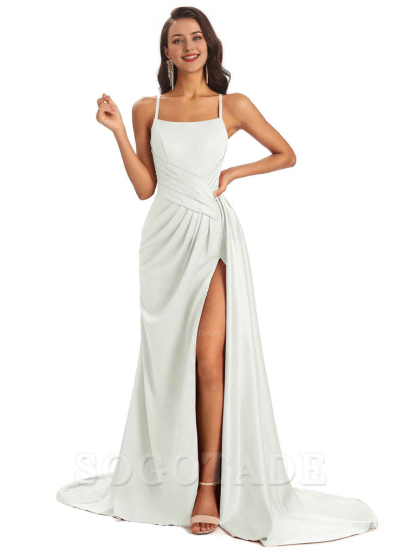 Sexy Soft Satin Side Slit Spaghetti Straps Long Maxi Bridesmaid Dresses prom shop dresses