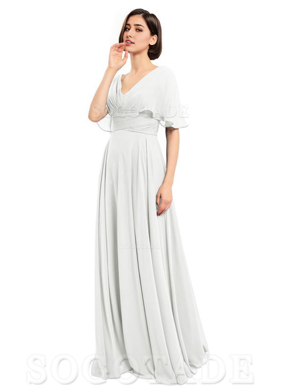  V-Neck Cap Sleeves Sleeves Chiffon Long Elegant Bridesmaid Dresses Formal Wear Dresses
