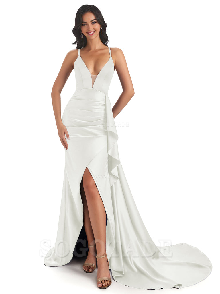 Sexy Spaghetti Straps Soft Satin Side Slit Pleats Unique Mermaid Bridesmaid Dresses prom shop dresses ﻿