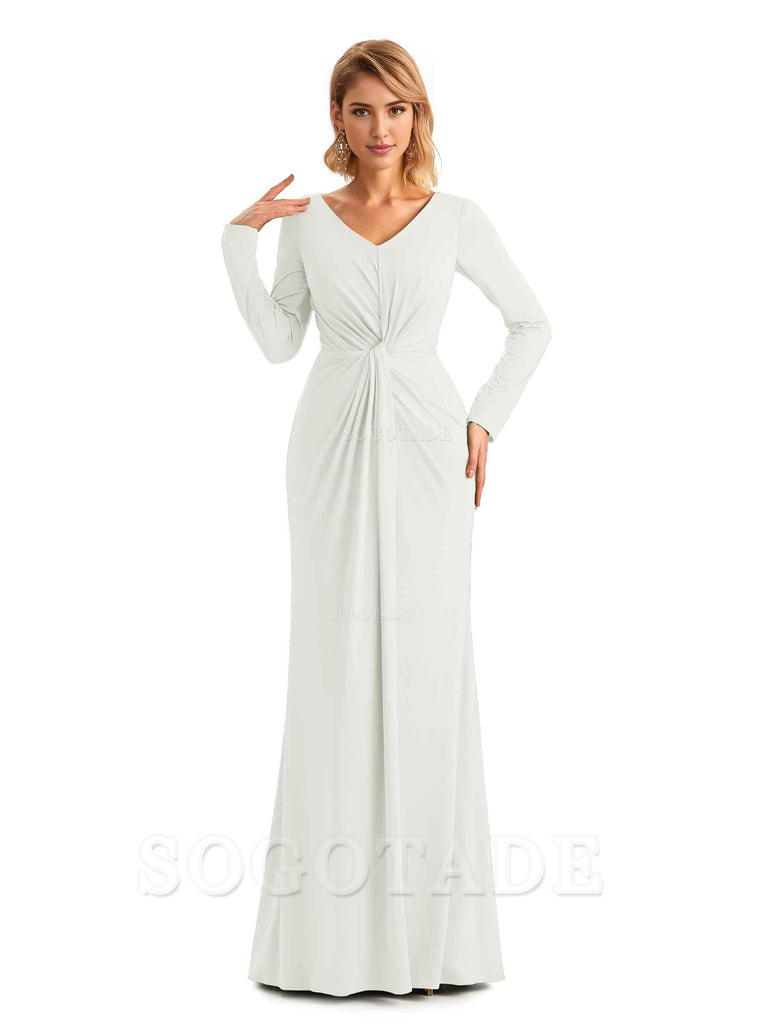 Elegant Simple Mermaid Pleats V-neck Long-Sleeves Floor Length Long Formal Bridesmaid Dresses