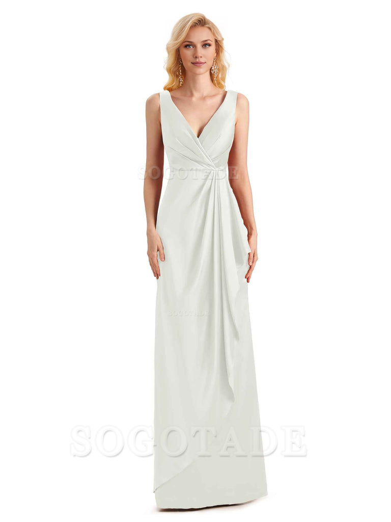 V Neck Elegant Soft Satin Formal Long Maid Bridesmaid Dresses Formal Wear Dresses