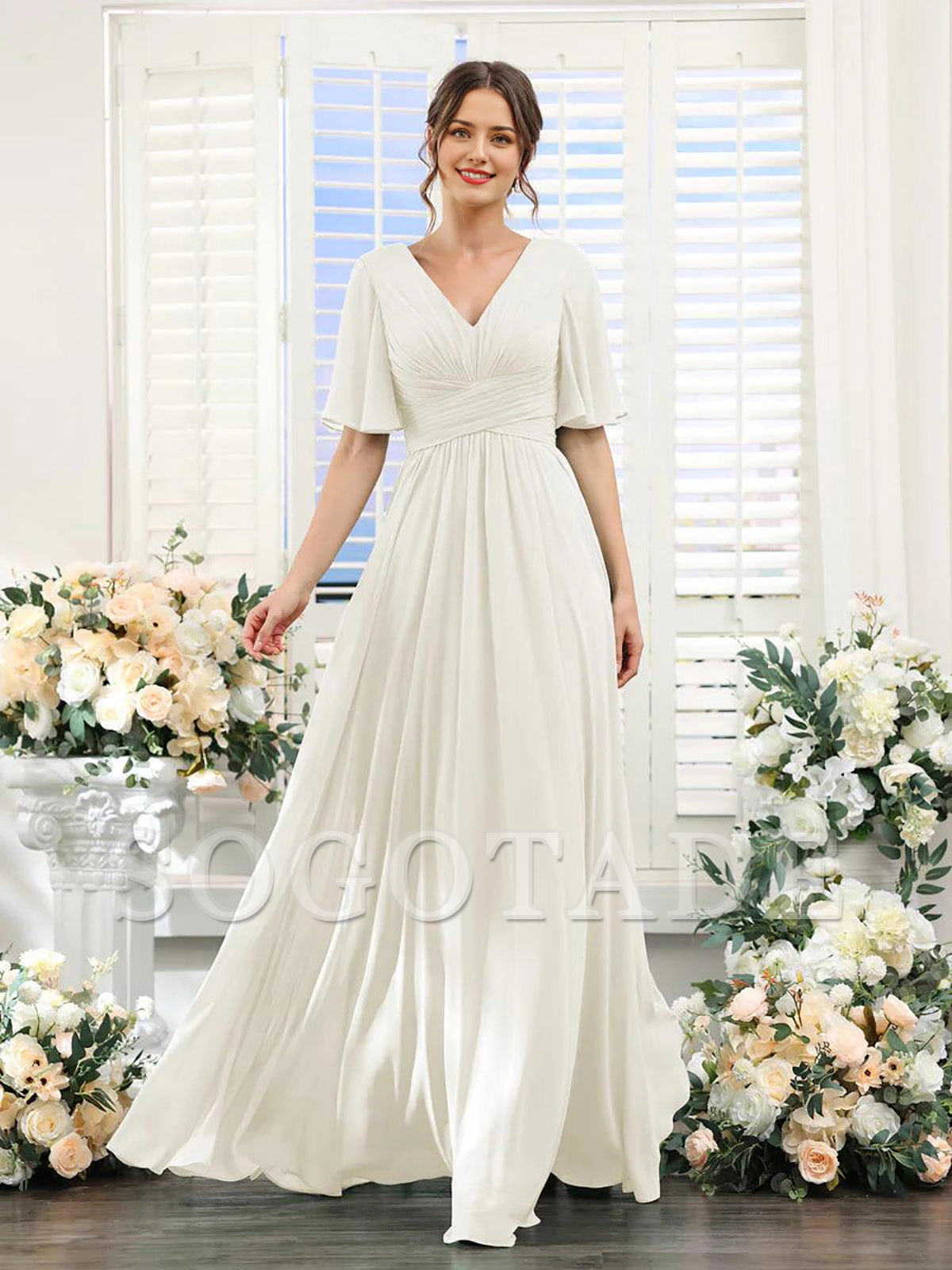 A-shaped V-shaped leader bridesmaid dress, suitable for wedding guests, long chiffon formal slit party dress