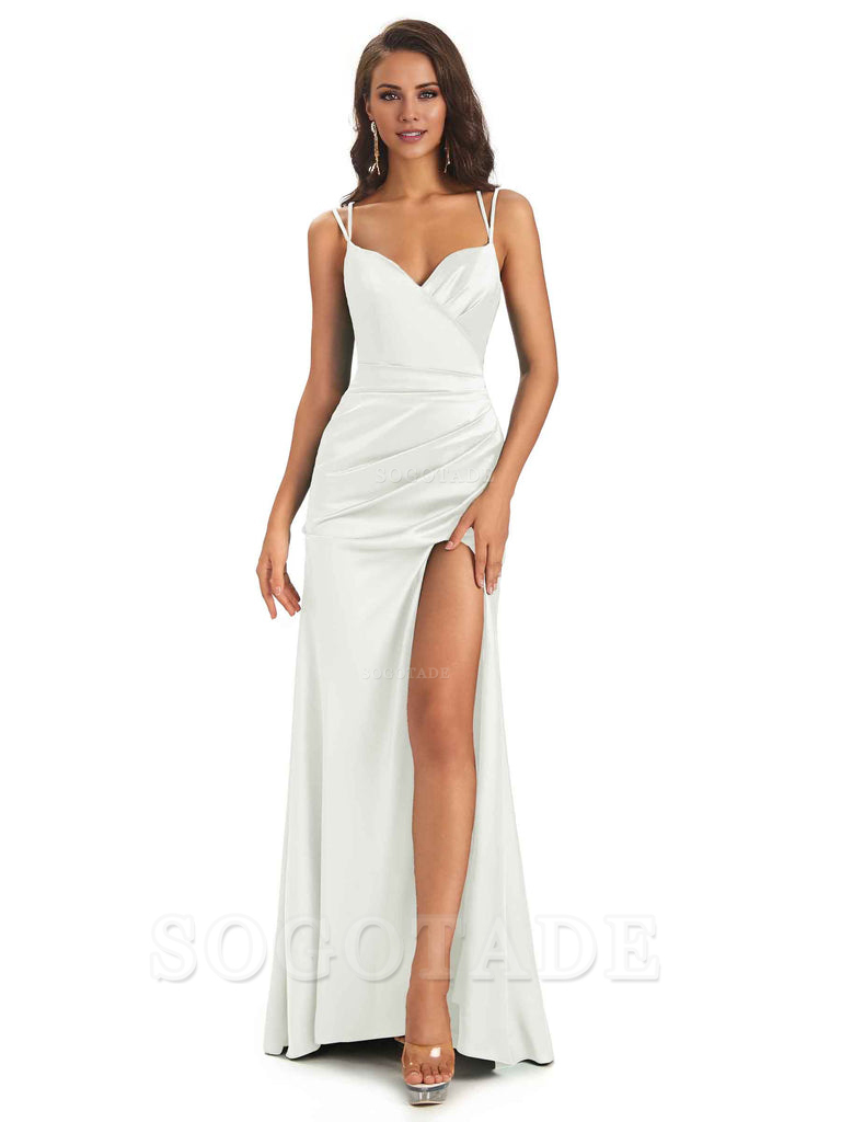 Sexy Soft Satin Side Slit Spaghetti Straps Long Maxi Mermaid Bridesmaid Dresses Elegant Evening Party Dress