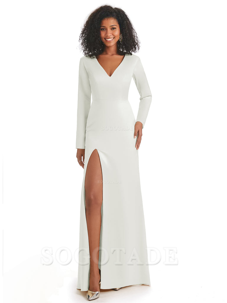 Soft Satin Side Slit Long Sleeves V-Neck Long African Mermaid Bridesmaid Dresses Elegant Evening Party Dress