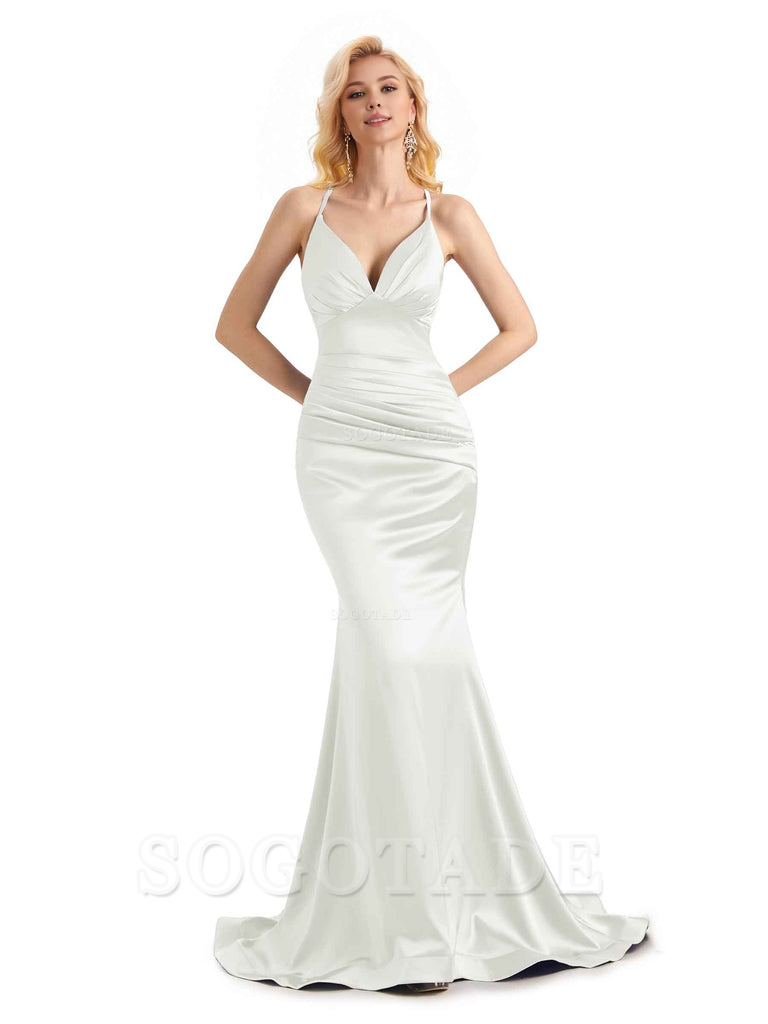 Elegant Soft Satin Mermaid Spaghetti Straps V-Neck Backless Long Bridesmaid Dresses Charming Evening Party Dress
