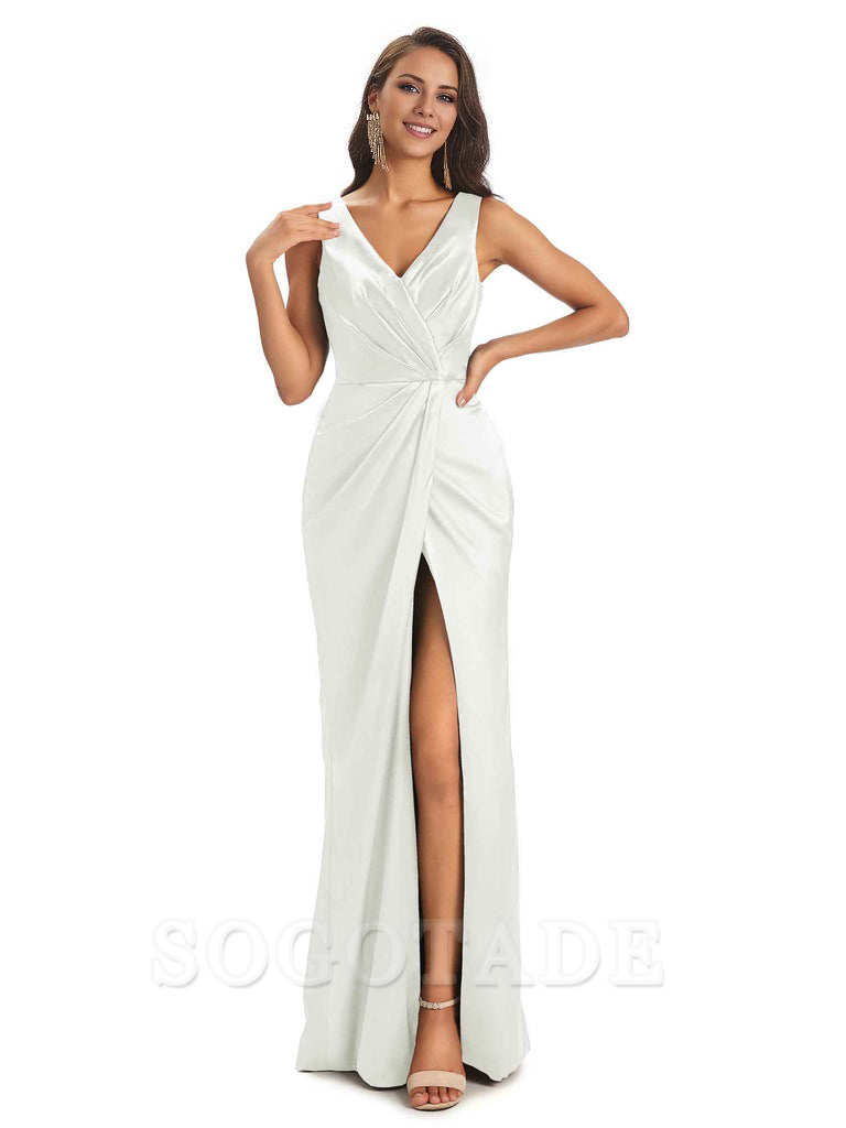 V-Neck Unique Long Satin Bridesmaid Dresses with Front Slit