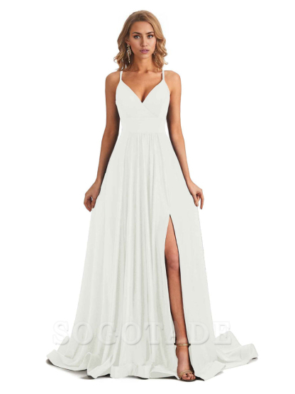 Elegant Spaghetti Straps A-Line Long Formal Bridesmaid Dresses With Side Slit Stretchy Jersey Elegant Evening Party Dress