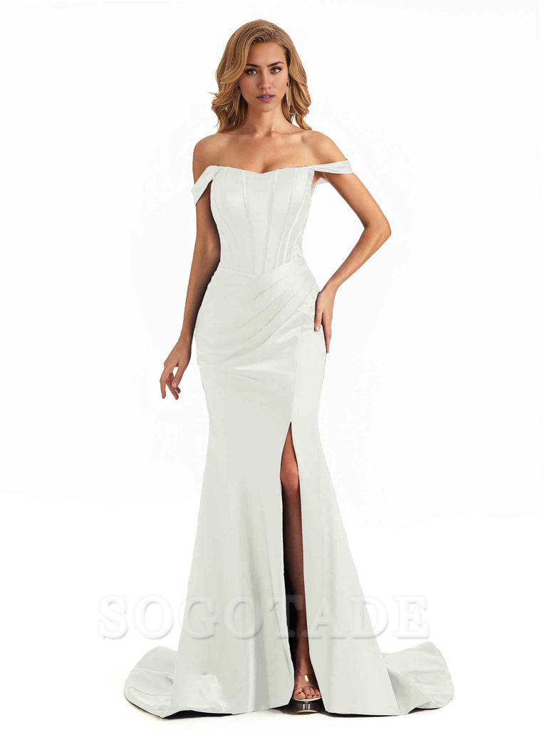 Sexy Long Mermaid Bridesmaid Dresses Off The Shoulder with Side Slit Satin Elegant Evening Party Dress 