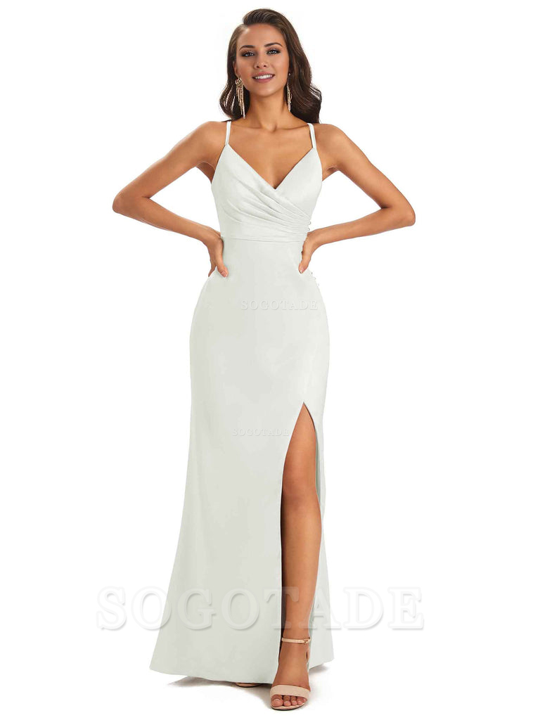 Soft Satin Side Slit Spaghetti Straps Long Unique Mermaid Bridesmaid Dresses Elegant Evening Party Dress