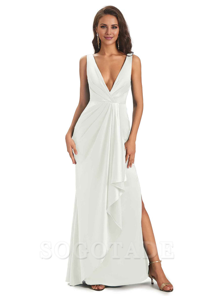 Sexy Satin V-Neck Floor-Length Long Bridesmaid Dresses with Side Slit Elegant Evening Party Dress
