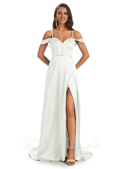 Stylish Soft Satin Side Slit Spaghetti Straps Bridesmaid Dresses Elegant Evening Party Dress