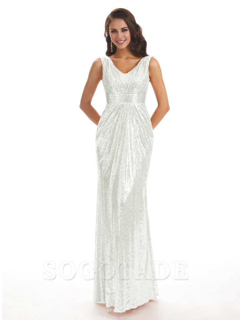 Sparkly V-Neck Sequin Long Mermaid Bridesmaid Dresses Sleeveless Charming Evening Party Dress