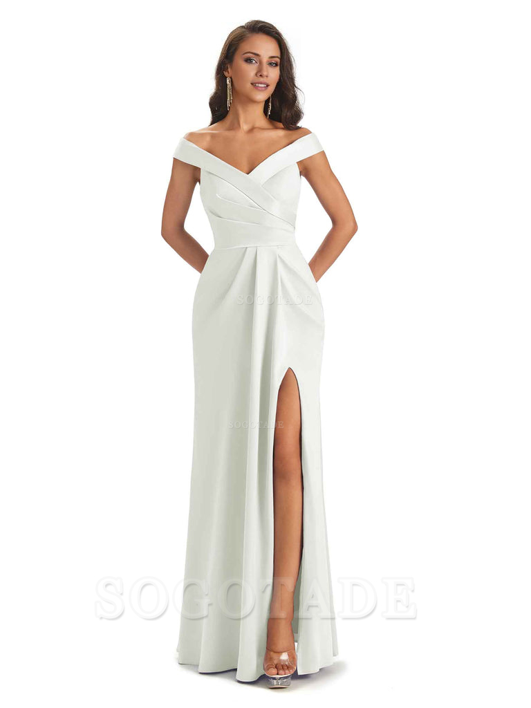 Sexy Soft Side Slit Off Shoulder V-Neck Long Satin Ladies Bridesmaid Dresses Elegant Evening Party Dress
