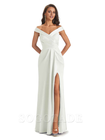 Sexy Soft Side Slit Off Shoulder V-Neck Long Satin Ladies Bridesmaid Dresses Elegant Evening Party Dress