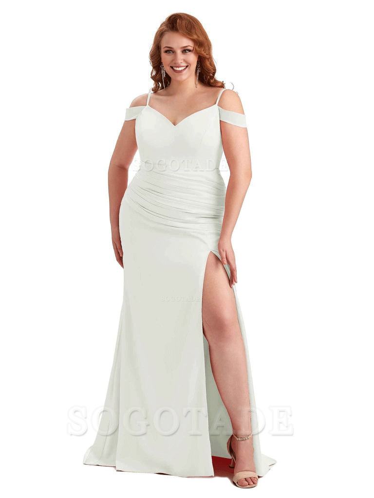 Sexy Side Slit Mermaid Cold Shoulder Soft Satin Long Plus Size Bridesmaid Dresses Online