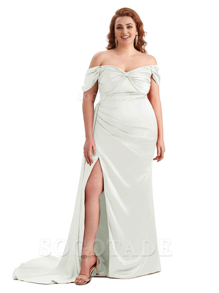  Sexy Side Slit Off The Shoulder Mermaid Soft Satin Long Plus Size Bridesmaid Dress For Wedding