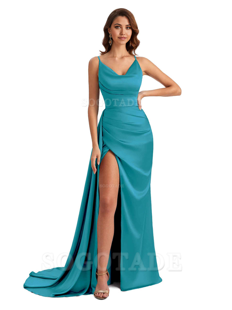 Mermaid Cowl Spaghetti Satin formal dresses evening gown Bridesmaid Dresses With Side Slit