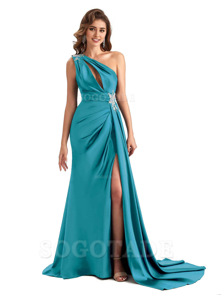 Sexy Side Slit Mermaid Soft Satin One Shoulder Lace Long Modern Bridesmaid Dresses